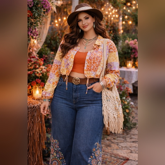 Rouge Collection Tops - Rouge Floral Patchwork Wrap Blouse Tie-Side Orange Pink Purple | 3X Boho